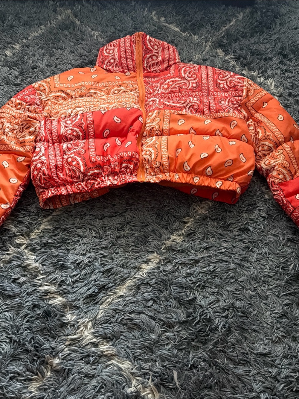 Cropped Bandana-Print Puffer Jacket in Red & Orange